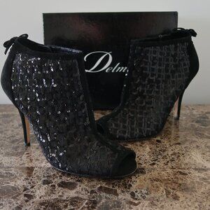 Delman Black Sequin Elyse Peeptoe Booties 10